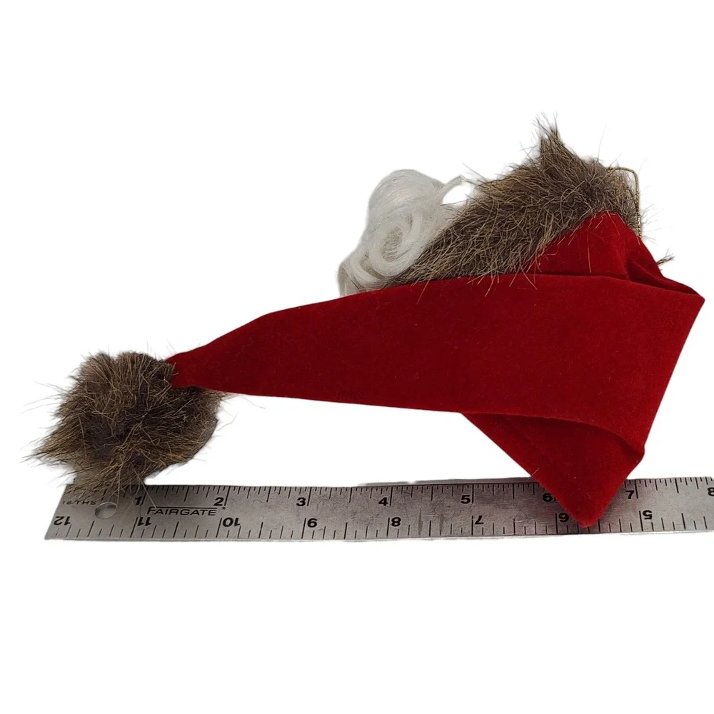 Vintage Santa Claus Head Ornament with Lush Beard Long Velvet Hat Faux Fur Hangs